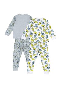 Pyjama à manches longues avec un haut gris et un bas blanc orné de motifs de dinosaurs multicolores en jaune, bleu et vert, fabriqué en doux tissu de coton.
