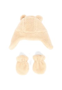 Cappello di pile color crema con orecchie da orso e guanti coordinati in pile, caratterizzati da una superficie morbida e testurizzata e forme arrotondate.