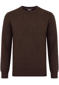 Pull en maille marron uni à manches longues, col rond, avec poignets et ourlet côtelés, présenté sur un fond blanc uni.