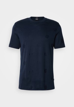 Navyblaue Kurzarm-T-Shirt aus Baumwollmischung, mit einem dezenten geprägten Logo-Muster und einem klassischen Rundhalsausschnitt.