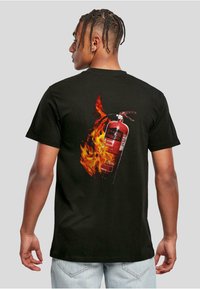 Black cotton t-shirt featuring a graphic of a fire extinguisher with flames and text on the back. Short sleeves, standard fit.