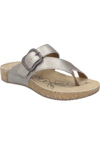 Sølvmetallic slide sandal med en bred strop og spændeaccent. Textureret fodseng og korklignende sål med blomsterpræg indeni.