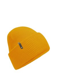 Yellow knitted beanie hat with ribbed texture and a folded cuff. Features a small black label with a logo on the side.