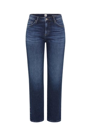Jeans dritti di colore blu scuro con bottone frontale, zip e design a cinque tasche, mostrati su uno sfondo bianco.