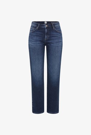 Dark blue straight-leg jeans with front button, zipper, and five-pocket design, shown against a white background.