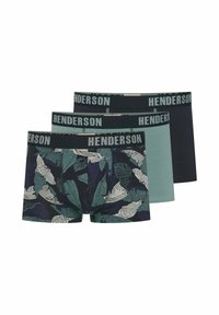 Zestaw bielizny męskiej zawierający trzy pary: jedną z liściastym wzorem w ciemnym niebieskim i zielonym, jedną w jasnej zieleni oraz jedną w ciemnym niebieskim, wszystkie z czarnymi gumkami w pasie.