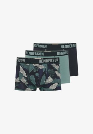 Männerunterwäsche-Set mit drei Paaren: eines mit einem blättrigen Muster in Dunkelblau und Grün, eines in Hellgrün und eines in Dunkelblau, alle mit schwarzen Bündchen.