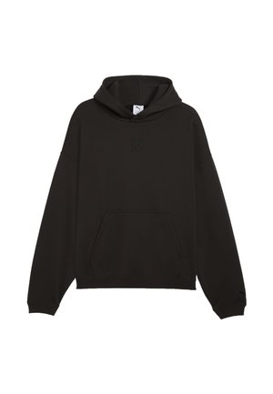 Sweat à capuche noir à manches longues, poche kangourou à l'avant et logo discrètement brodé sur la poitrine.