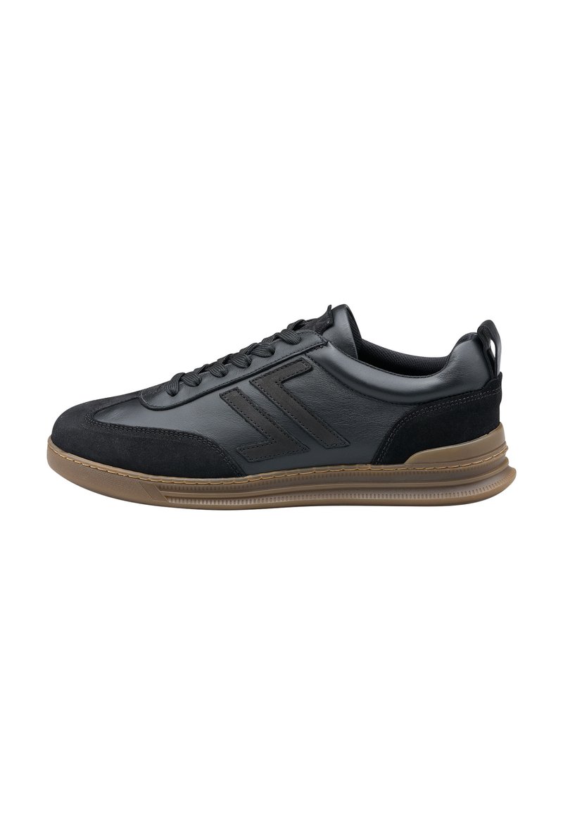 Black leather sneaker with suede toe and heel, brown rubber sole, lace-up front, and angular stitched logo on the side.