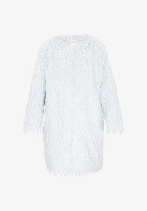 Jasnoniebieski futro syntetyczne długi płaszcz o shaggy teksturze, okrągłym dekolcie i luźnym kroju. Posiada długie rękawy i niestrukturalny dół.