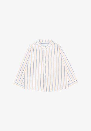 Koszula na guziki z długim rękawem w pionowe paski w kolorach niebieskim, żółtym i białym, z klasycznym kołnierzem, ułożona płasko na białym tle.