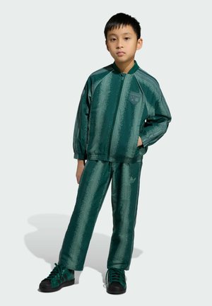 Vihreä raitapuku, joka on valmistettu kiiltävästä materiaalista. Se koostuu vetoketjullisesta takista, jossa on logo, sekä yhteensopivista housuista. Asusteena mustat tennarit.