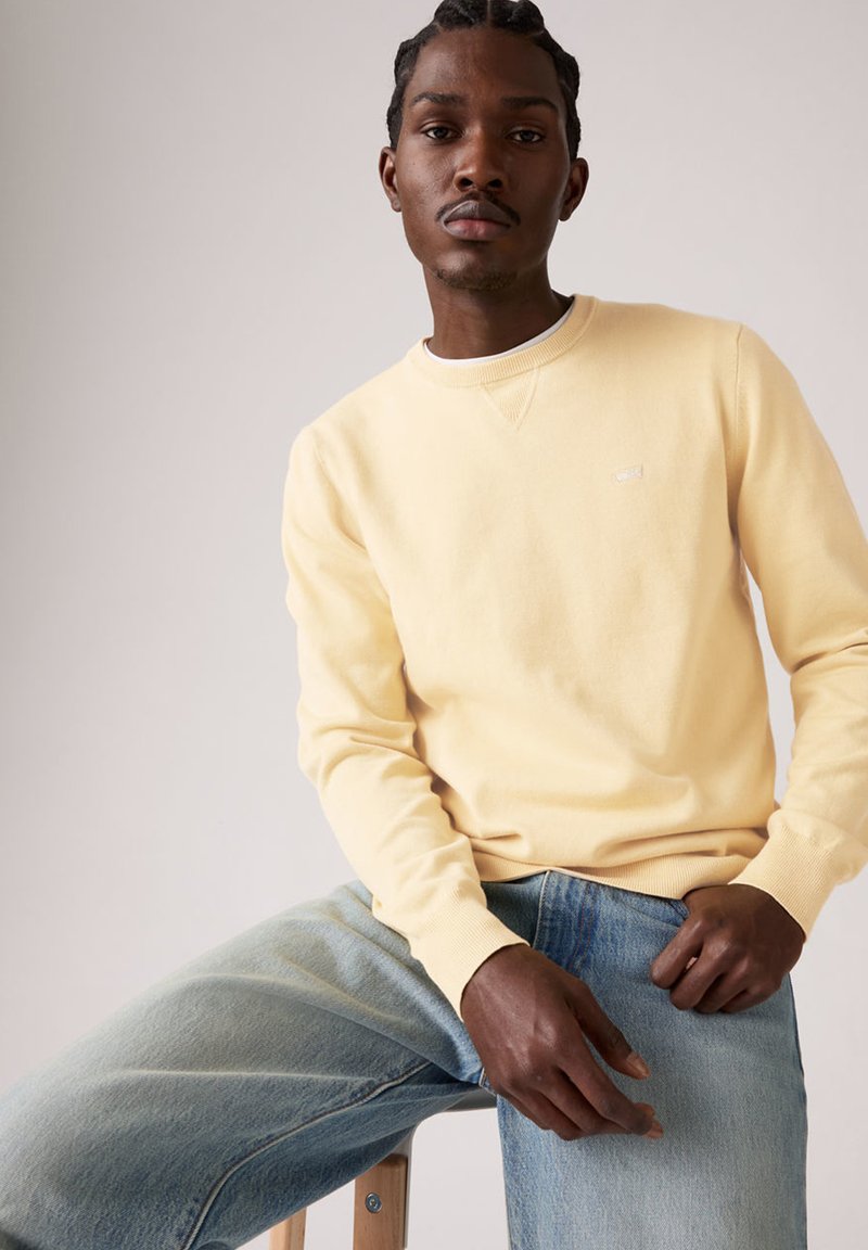 Person mit geflochtenem Haar, der einen blassgelben Pullover und hellblaue Jeans trägt, sitzt vor einem schlichten hellen Hintergrund.