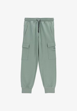 Jasnozielone spodnie dresowe z elastyczną talią i nogawkami, wiązane sznurkiem, z dwoma bocznymi kieszeniami oraz klapkami kieszeni cargo na każdej nodze.