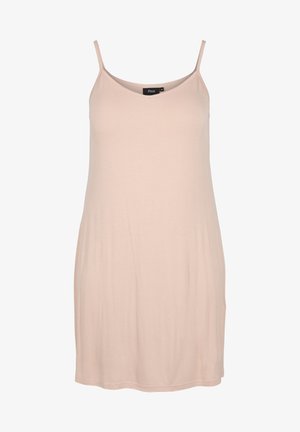 Vestido sin mangas de color rosa claro con tirantes finos, hecho de una tela suave. Presenta un diseño simple y recto sin patrones ni adornos.