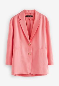 Blazer rosa entallado con solapa de muesca, cierre de un solo botón y dos bolsillos frontales. Tejido suave con una textura ligeramente brillante.
