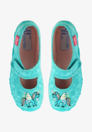 Bottes pour enfants turquoise avec une finition en tissu doux, ornées d'un design brodé de licorne et dotées d'une bride à scratch pour un enfilage facile.