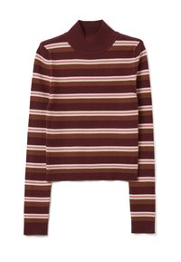 Suéter de punto acanalado con cuello alto, con rayas horizontales en burdeos, marrón, crema y rosa, de mangas largas y silueta ajustada.