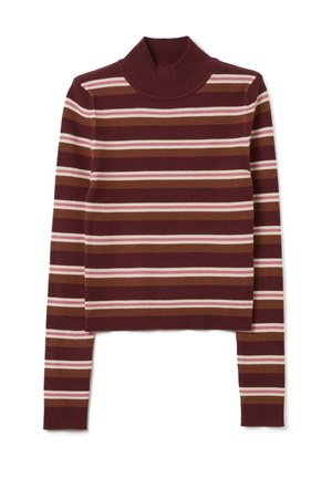 Suéter de punto acanalado con cuello alto, con rayas horizontales en burdeos, marrón, crema y rosa, de mangas largas y silueta ajustada.