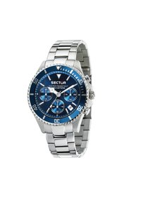 Orologio in acciaio inossidabile argentato con quadrante blu, tre sottodial e lunetta girevole. Presenta un bracciale a maglie e il marchio "Sector".