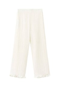 Bílé kalhoty s širokými nohavicemi z texturované látky s volánkovým lemem. Mají elastický pas pro pohodlné nošení.