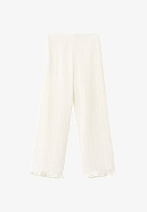 Pantalon blanc à jambes larges en tissu texturé avec un ourlet à volants. Doté d'une taille élastique pour un ajustement confortable.