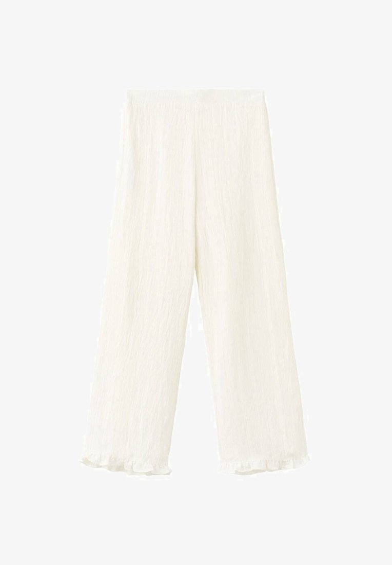 Bílé kalhoty s širokými nohavicemi z texturované látky s volánkovým lemem. Mají elastický pas pro pohodlné nošení.