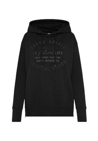 Black hooded sweatshirt with a front graphic print in slightly darker black. Features drawstrings, ribbed cuffs, and hemline with zippers.