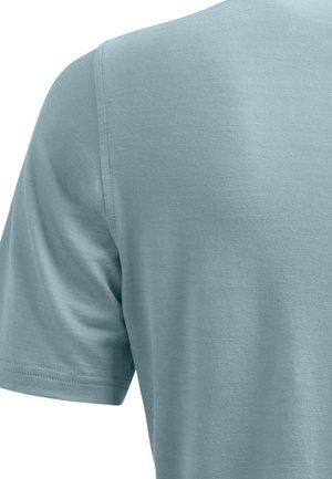 Kurzärmliges, hellblaues T-Shirt aus weichem Baumwoll-Mischgewebe, mit rundem Ausschnitt und glatter, gleichmäßiger Textur.