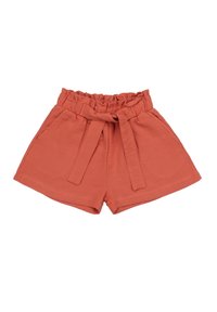 Rust-colored shorts with a gathered elastic waistband, front tie detail, and side pockets. Made from lightweight fabric for comfort.