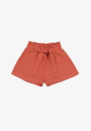 Rust-colored shorts with a gathered elastic waistband, front tie detail, and side pockets. Made from lightweight fabric for comfort.