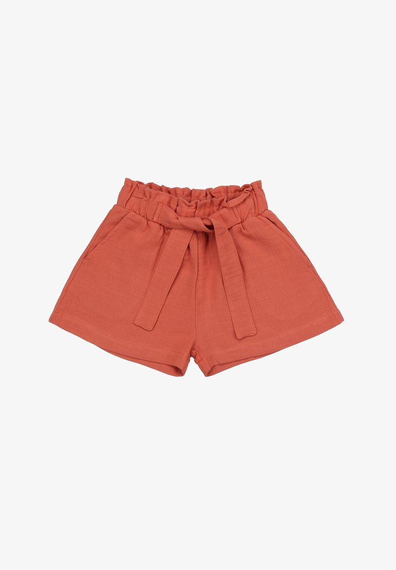 Rust-colored shorts with a gathered elastic waistband, front tie detail, and side pockets. Made from lightweight fabric for comfort.