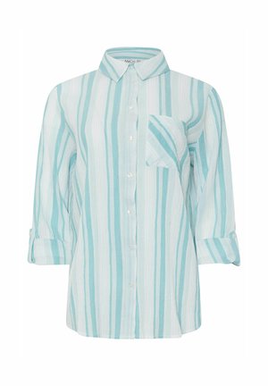 Let vægtige button-up skjorte i turkis og hvide lodrette striber. Har en brystlomme og oprullede ærmer med knaplukning.