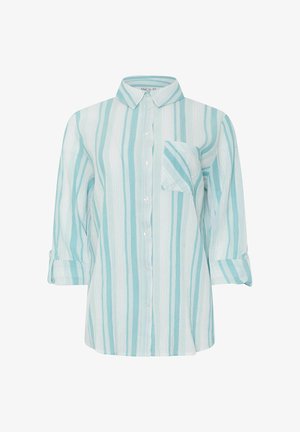 Camicia leggera con bottoni in strisce verticali turchesi e bianche. Presenta una tasca sul petto e maniche arrotolate con chiusura a bottone.