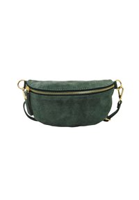 Banane en cuir suédé vert avec une fermeture éclair et des accessoires en or, de forme ovale, profil plat, fermeture zip sur le dessus, attachement latéral pour la sangle.