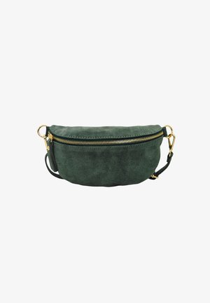 Banane en cuir suédé vert avec une fermeture éclair et des accessoires en or, de forme ovale, profil plat, fermeture zip sur le dessus, attachement latéral pour la sangle.