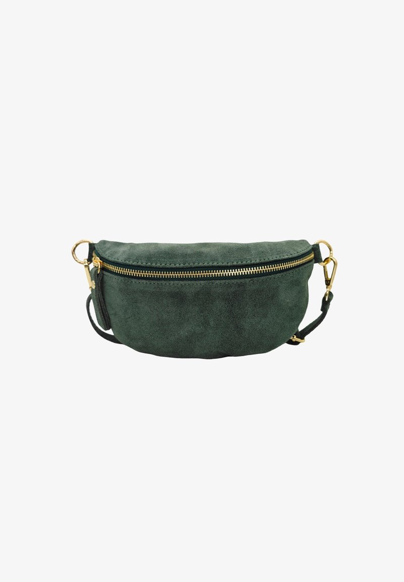 Banane en cuir suédé vert avec une fermeture éclair et des accessoires en or, de forme ovale, profil plat, fermeture zip sur le dessus, attachement latéral pour la sangle.