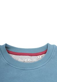 Ljusblå sweatshirt med ribbad rund hals och ett kontrasterande vinrött innerkrage, med en tryckt logotypetikett invändigt.