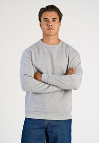 Felpa grigia con maniche lunghe, collo a giro e polsini a coste. Abbinata a jeans blu scuro, braccia incrociate davanti. Tessuto di finitura liscia.