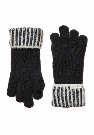 Czarne dzianinowe rękawiczki z mankietami w biało-czarne paski, na jednym mankiecie etykieta z napisem "Joules", prezentowane na białym tle.