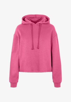 Růžová crop mikina s kapucí na šňůrku, dlouhými rukávy a žebrovanými manžetami. Vyrobena z jemné látky s hladkou texturou.