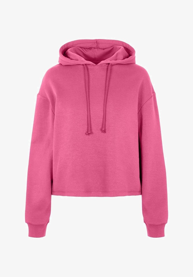 Sweat à capuche rose coupé, avec capuche à cordon, manches longues et poignets côtelés. Fabriqué en tissu doux avec une texture lisse.