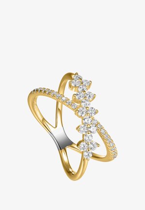 Goldring mit sich kreuzenden Bändern, verziert mit zwei Reihen kleiner Diamanten und einem Cluster größerer runder Diamanten in einem floralen Muster.