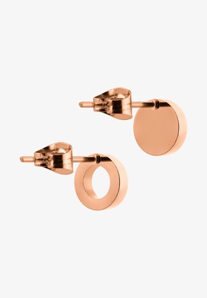 Roségouden oorbellen met een ronde stud en een geometrisch open ringontwerp, gepolijste afwerking met een gladde textuur.