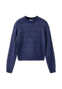 Granatowy sweter dziany, z prążkowanym okrągłym dekoltem i mankietami, z teksturowanymi kwiatowymi wzorami z przodu oraz lekko skróconym krojem.