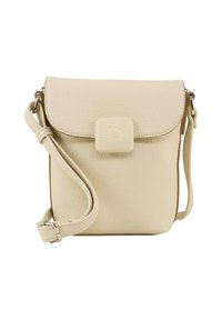 Beżowa skórzana torba na ramię z teksturowaną powierzchnią, z klapką i regulowanym paskiem. Z przodu znajduje się małe logo. Kompaktowy design.