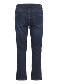 Mörkblå denimjeans med rak ben, som har två bakfickor och kontrastsömmar. Midjan har en svart etikett bak.