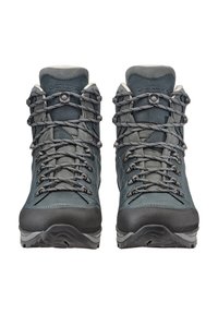 Scarpe da trekking blu scuro con tomaia in pelle e sintetico, punta rinforzata, lacci grigi e suola in gomma testurizzata per una buona trazione.