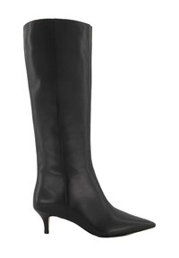 Black leather knee-high boot with a pointed toe and a moderate heel. Smooth texture with minimal seams and no visible hardware details.