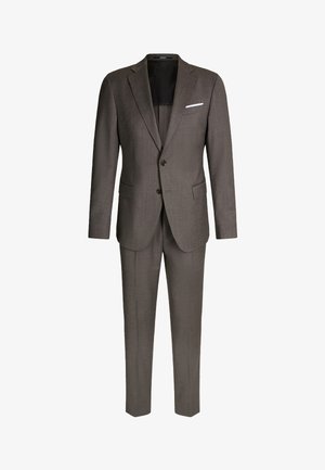 Donkerbruin, op maat gemaakt herenpak met twee knopen, colbert met inkeping, klepzakken en slim-fit broek.